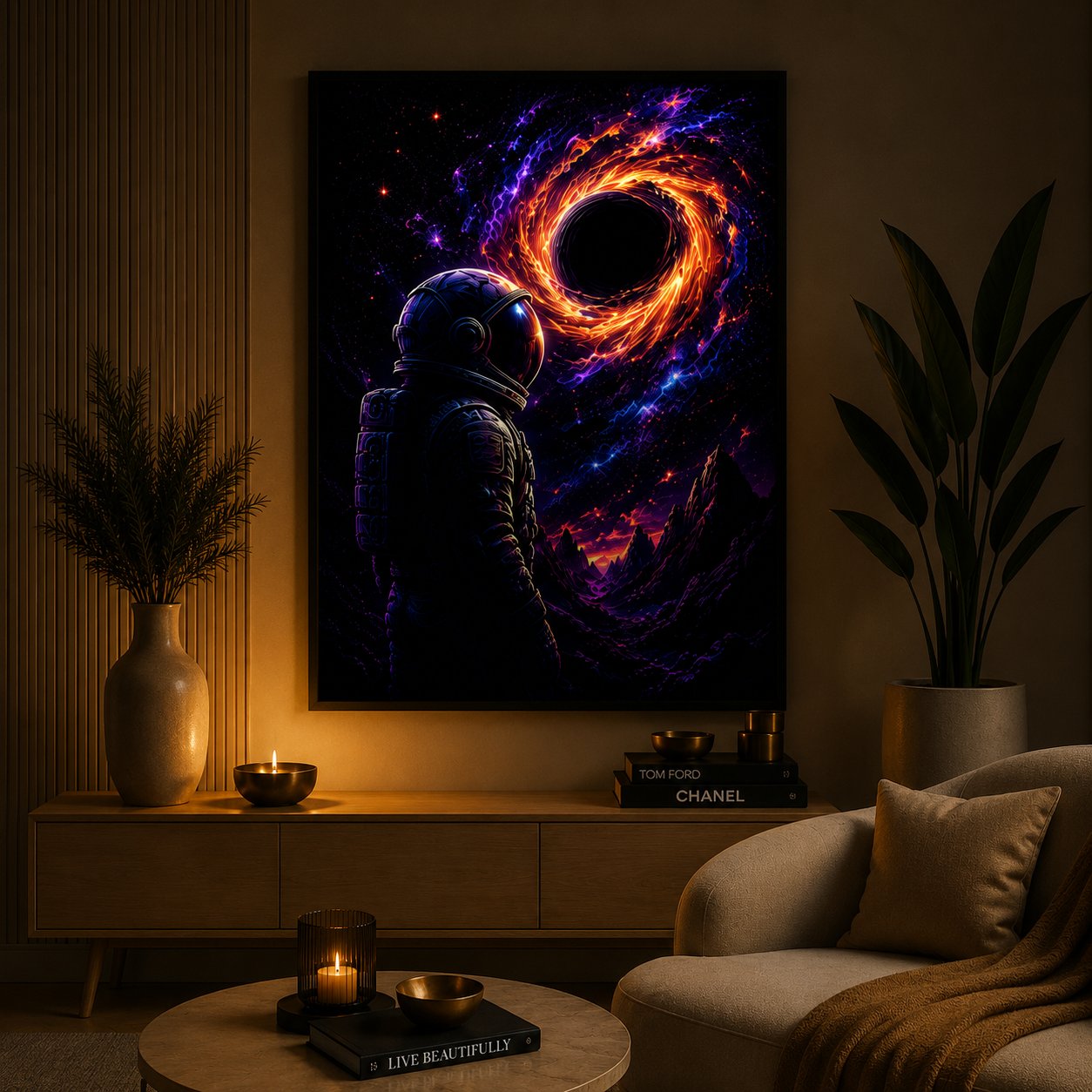 Astronaut at the Edge of the Void – Cosmic Black Hole Neon Space Wall Art Blockout Print - Image 3
