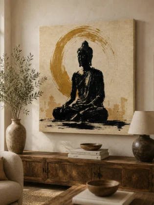 Golden Ensō Halo Meditating Buddha Canvas Art – Zen Spiritual Print