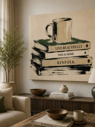 Cozy Morning Book Stack Canvas Art – Kinfolk & Coffee Lifestyle Print