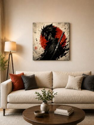 Japanese Samurai Anime Wall Art – Rising Sun Katana Ink Splatter Canvas Print