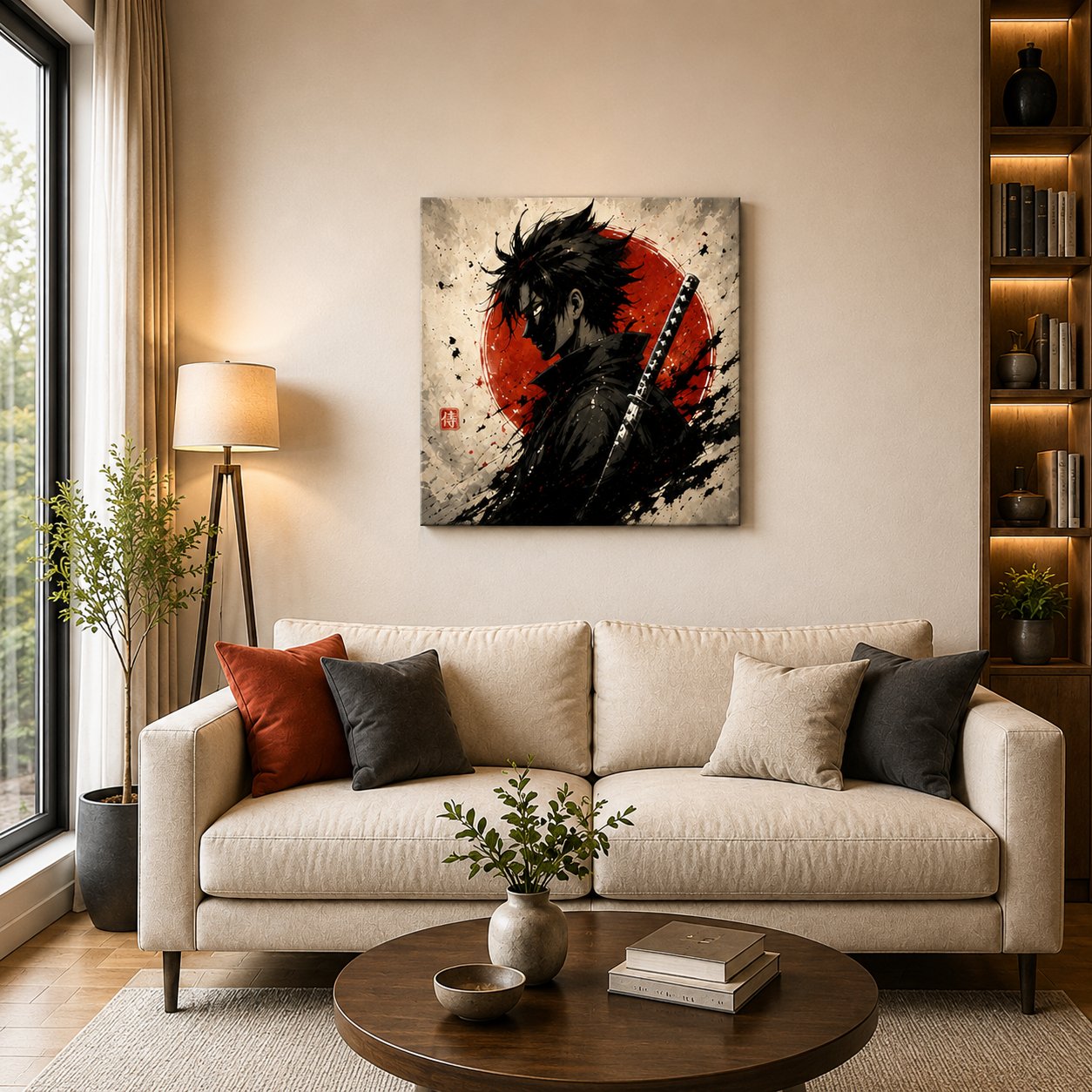 Japanese Samurai Anime Wall Art – Rising Sun Katana Ink Splatter Canvas Print
