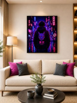 Cyberpunk Tokyo Street Wall Art – Oni Mask Neon City Canvas Print