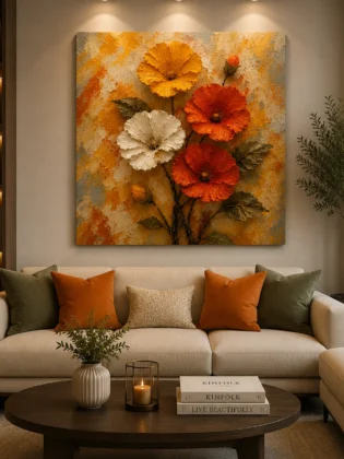 Sunset Harvest 3D Floral Canvas Print – Heavy Impasto Palette Knife Wildflower Wall Art