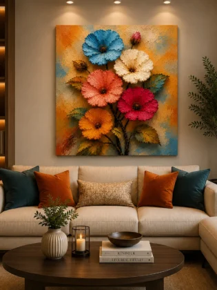 Vibrant Meadow Blooms 3D Canvas Print – Heavy Impasto Palette Knife Floral Wall Art