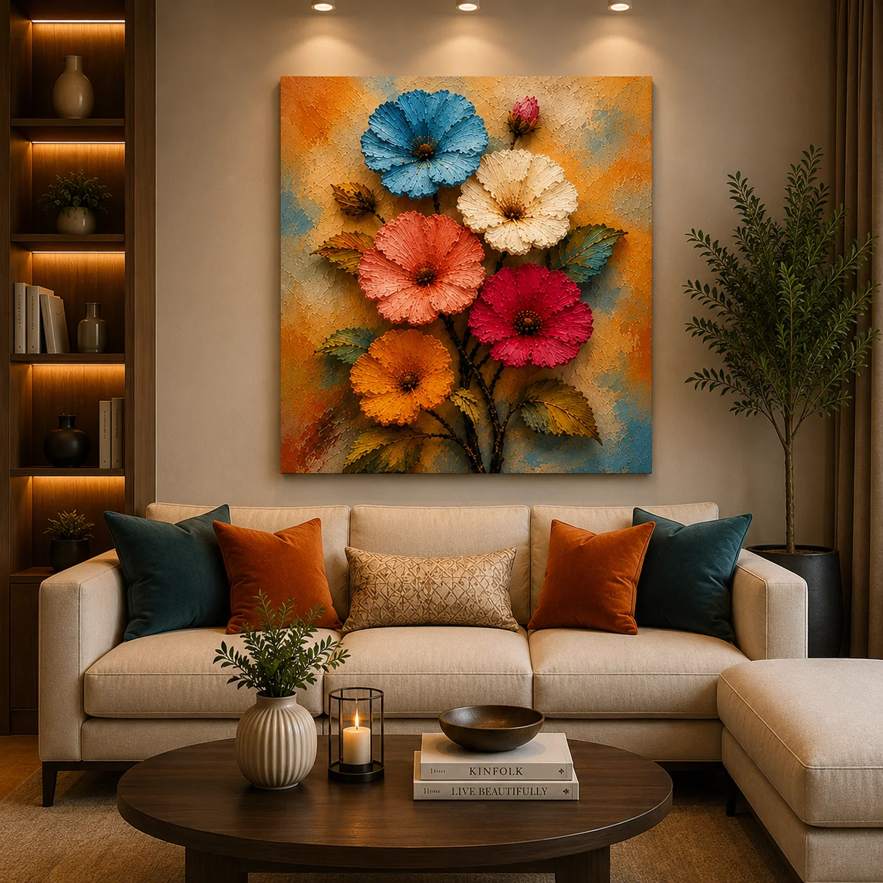 Vibrant Meadow Blooms 3D Canvas Print – Heavy Impasto Palette Knife Floral Wall Art
