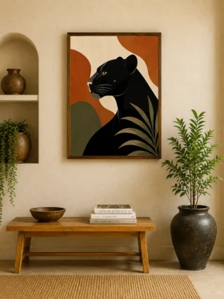 Minimalist Black Panther Canvas Wall Art – Mid-Century Modern Jungle Jaguar