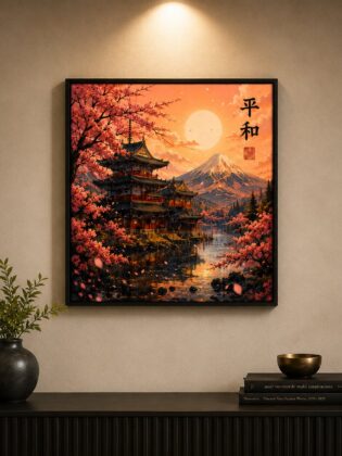 Mt. Fuji & Pagoda Japanese Sunset Canvas Art – Peaceful Cherry Blossom Wall Décor