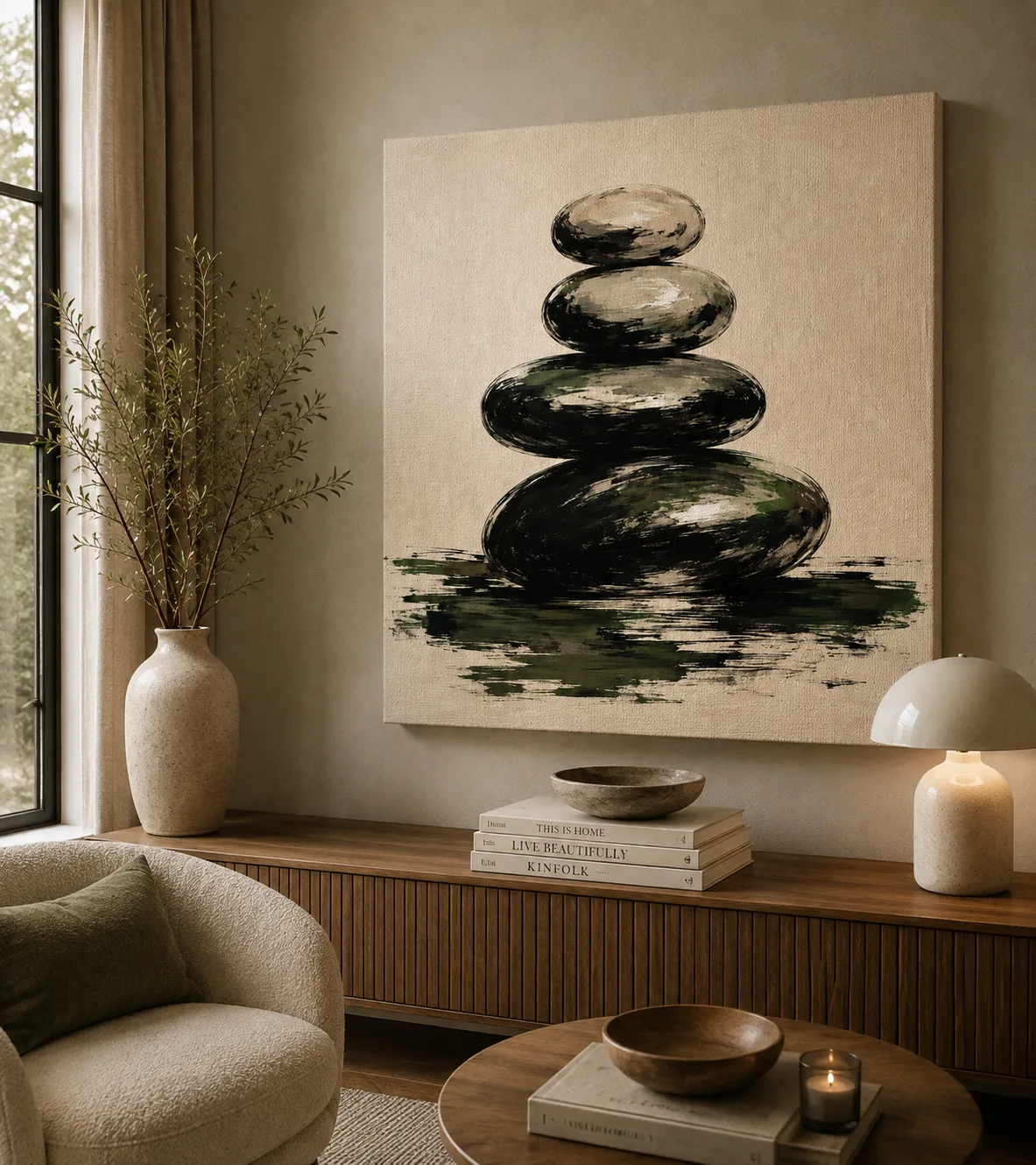 Minimalist Stone Cairn & Reflection Canvas Art – Organic Modern Print