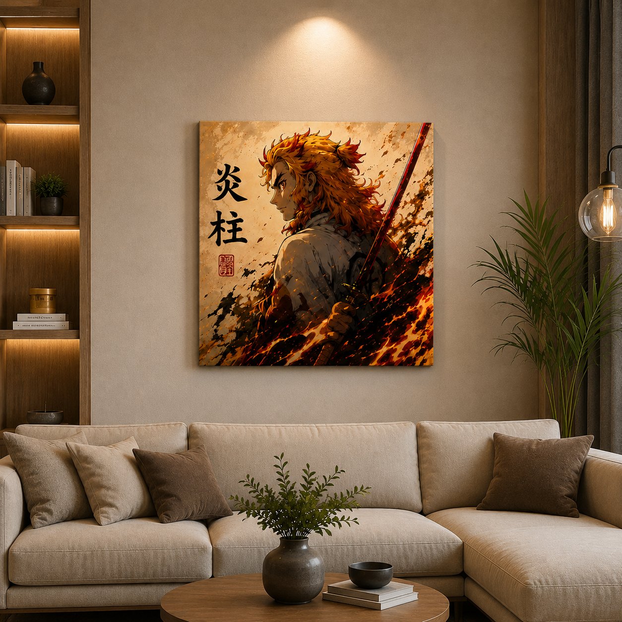 Demon Slayer Rengoku Anime Wall Art – Flame Hashira Japanese Kanji Canvas Print