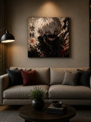 Tokyo Ghoul Ken Kaneki Wall Art – White Hair Ghoul Mask Ink Splatter Canvas Print