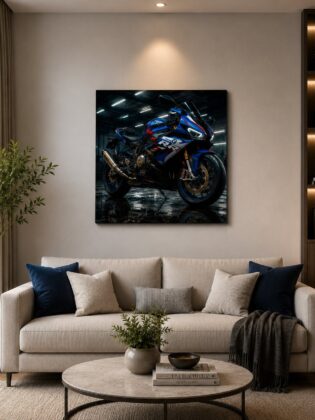 BMW S1000RR Motorcycle Wall Art – Cyberpunk Neon Blue Superbike Canvas Print
