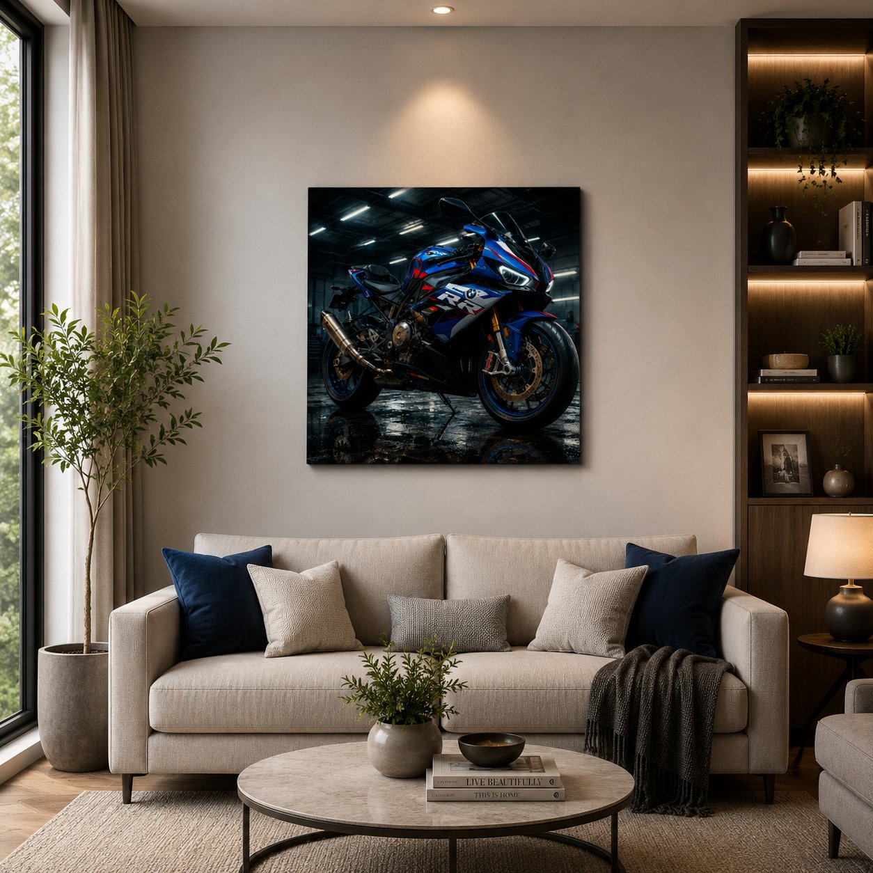 BMW S1000RR Motorcycle Wall Art – Cyberpunk Neon Blue Superbike Canvas Print