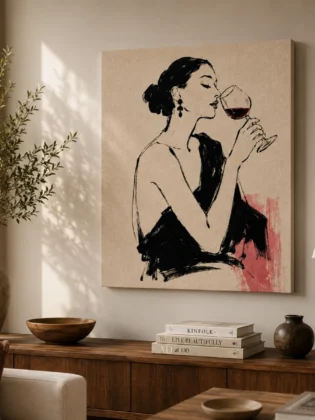 Parisian Evening Fashion Canvas Art – Red Wine & Blush Pink