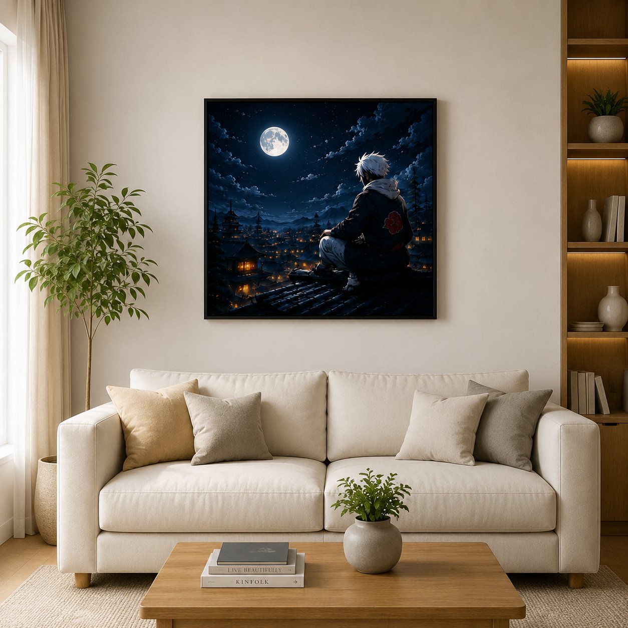 Anime Ninja Rooftop Wall Art – Full Moon Hidden Leaf Village Canvas Print