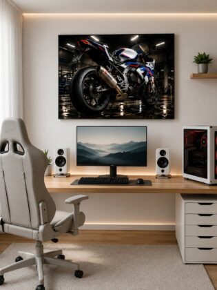 BMW S1000RR Motorcycle Wall Art – Motorsport White Neon Garage Canvas Print