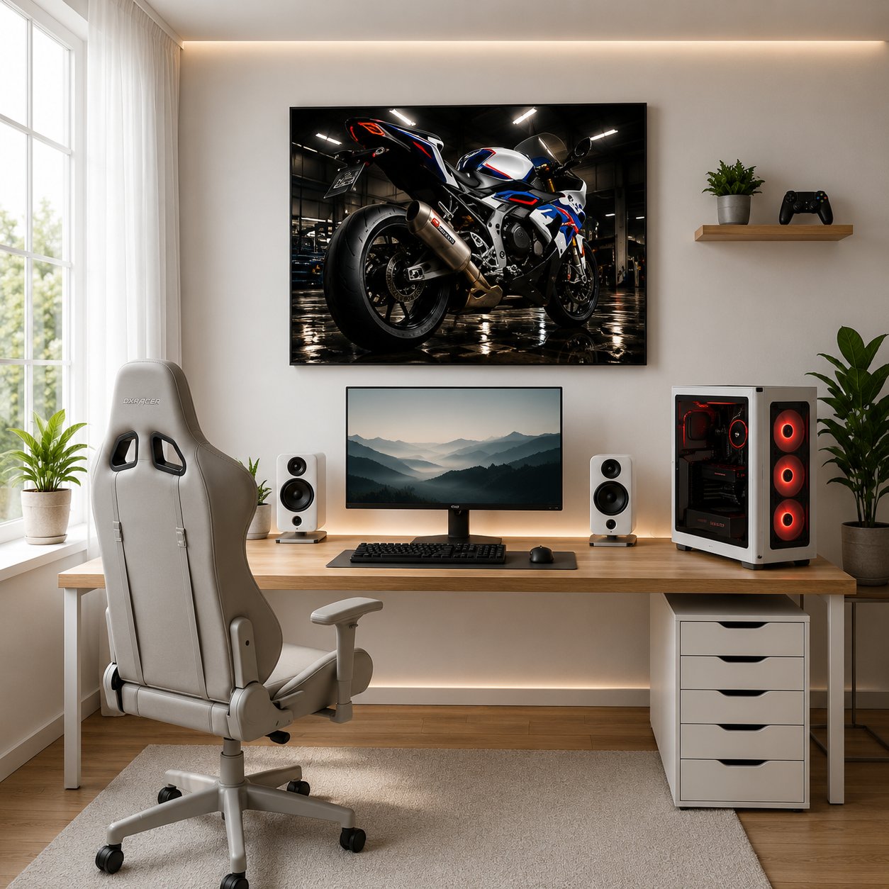 BMW S1000RR Motorcycle Wall Art – Motorsport White Neon Garage Canvas Print