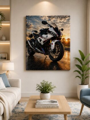 BMW S1000RR Motorcycle Wall Art – Motorsport White Trackside Sunset Canvas Print
