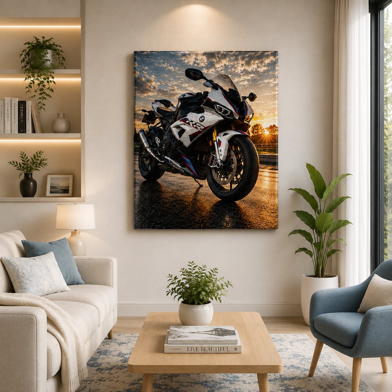 BMW S1000RR Motorcycle Wall Art – Motorsport White Trackside Sunset Canvas Print