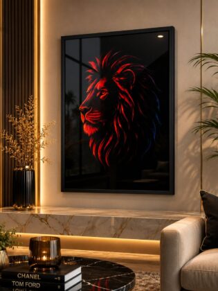 Majestic Neon Lion Profile – Vibrant Spectrum Wild Animal Wall Art Blockout Print