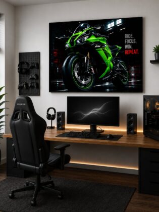 Kawasaki Ninja ZX-10R Motorcycle Wall Art – Lime Green Cyberpunk Garage Canvas Print
