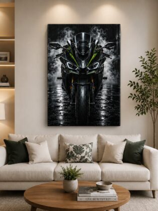 Kawasaki Ninja ZX-10R Motorcycle Wall Art – Front View Cyberpunk Smoke Canvas Print