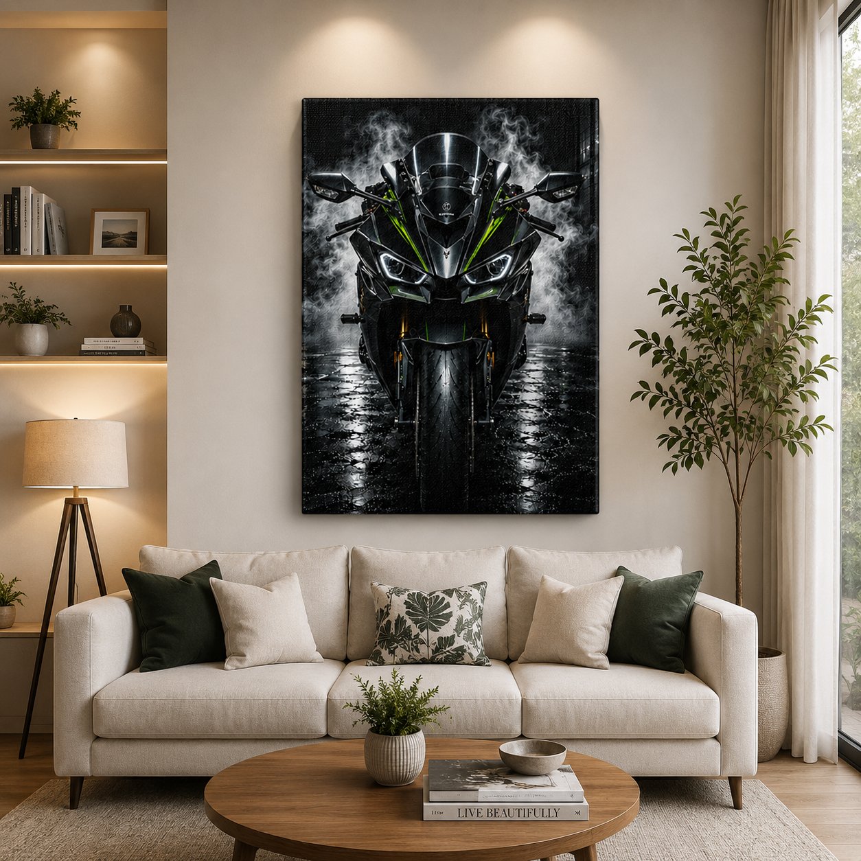 Kawasaki Ninja ZX-10R Motorcycle Wall Art – Front View Cyberpunk Smoke Canvas Print