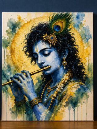 Sound of the Infinite – Lord Krishna Flute Watercolor Art