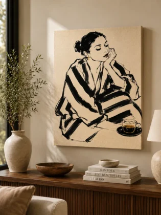 Morning Espresso Fashion Canvas Art – Amber & Black Stripes