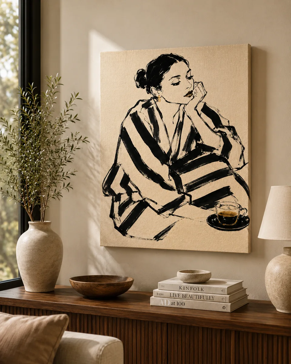 Morning Espresso Fashion Canvas Art – Amber & Black Stripes