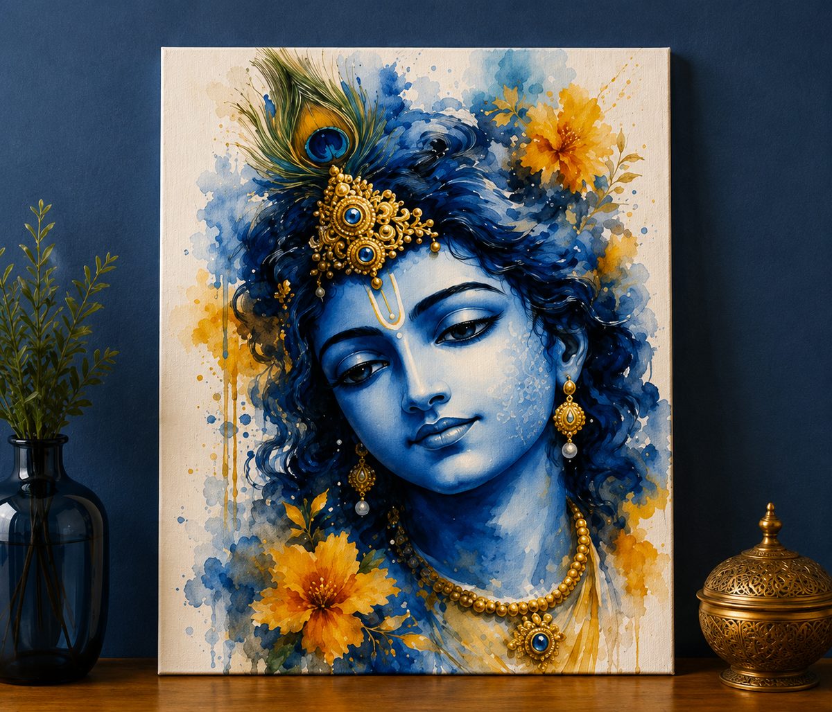 Ethereal Krishna – Floral Watercolor Canvas Art