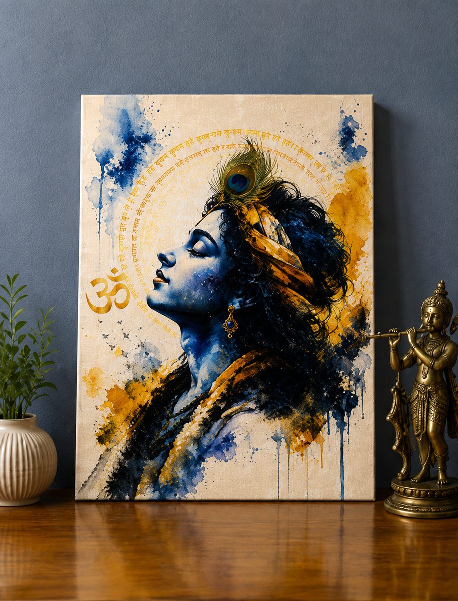 Divine Serenity of Krishna – Spiritual Watercolor Canvas Art