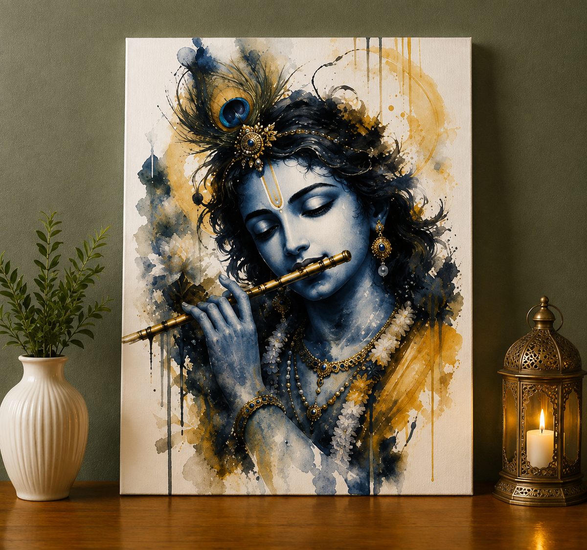 Krishna’s Divine Melody – Elegant Watercolor Canvas Art