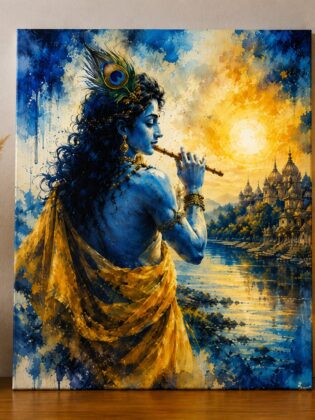 The Divine Flutist – Lord Krishna at Vrindavan Sunset Watercolor Art