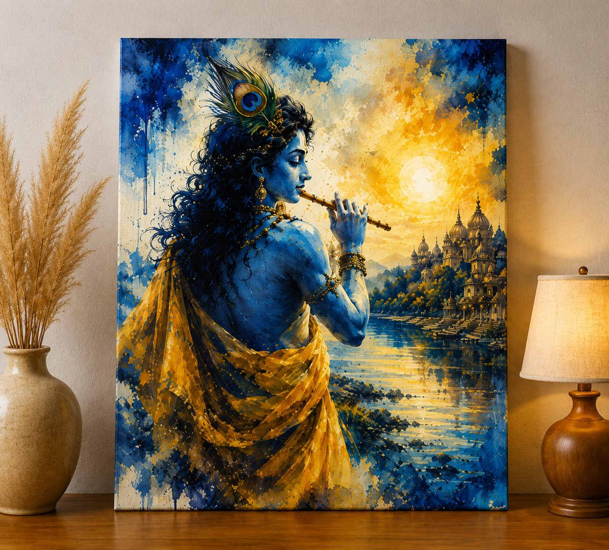 The Divine Flutist – Lord Krishna at Vrindavan Sunset Watercolor Art