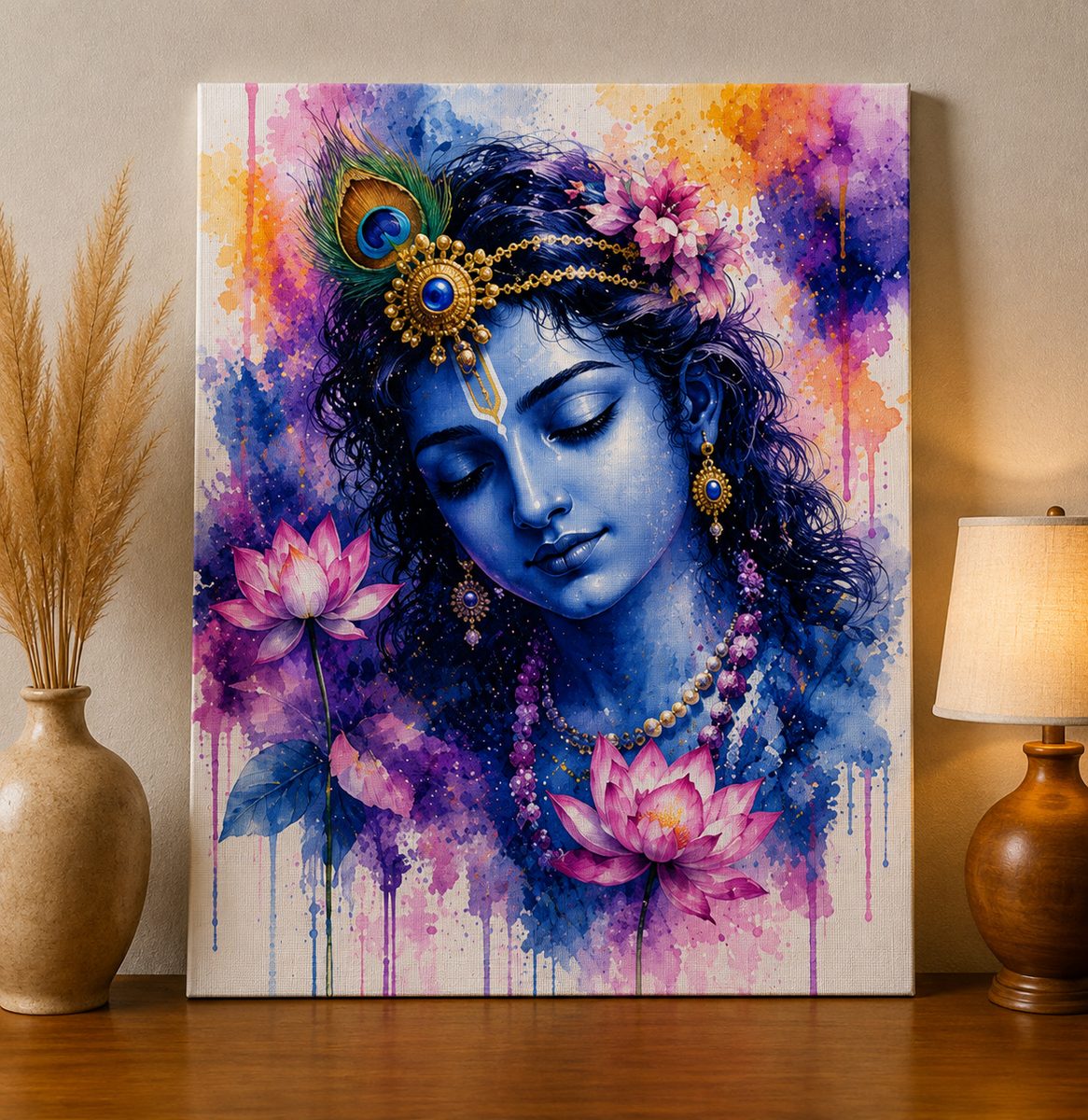 The Blossoming of Grace – Krishna Watercolor Portrait