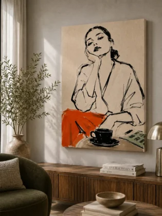 Parisian Cafe Mood Canvas Art – Vermilion Orange & Espresso