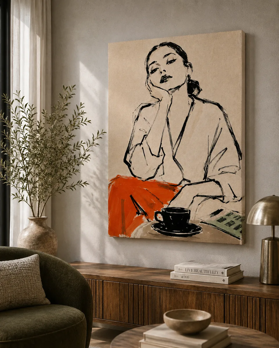 Parisian Cafe Mood Canvas Art – Vermilion Orange & Espresso