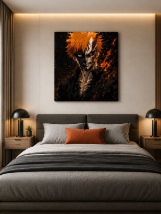 Bleach Ichigo Kurosaki Anime Wall Art – Half Hollow Mask Orange Splatter Canvas Print