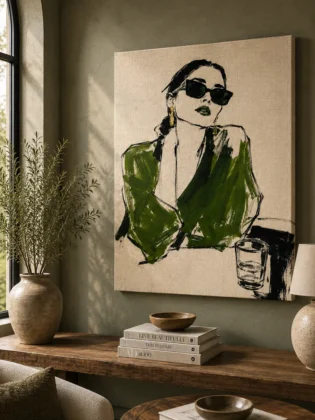 Emerald Street Style Fashion Canvas Art – Olive Green & Ink