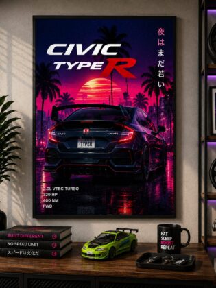 JDM Honda Civic Type R Canvas Poster – Synthwave Sunset Japanese Hot Hatch Wall Art