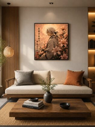 Japanese Samurai Anime Wall Art – Pastel Pink Lily Mountain Canvas Print