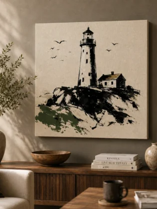 Coastal Lighthouse Sketch Canvas Art – Nautical Sage & Ink