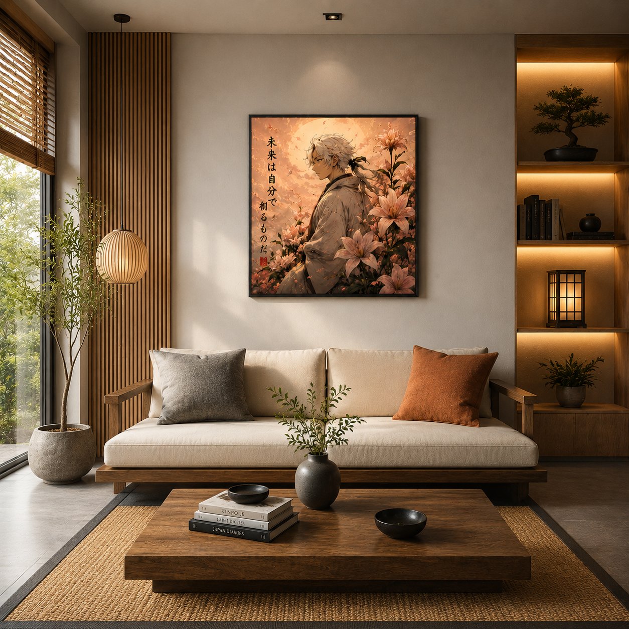 Japanese Samurai Anime Wall Art – Pastel Pink Lily Mountain Canvas Print