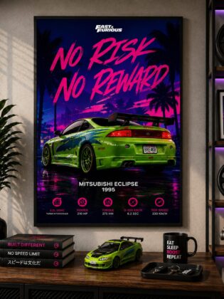 JDM Mitsubishi Eclipse 1995 Canvas Poster – No Risk No Reward Fast & Furious Street Racing Wall Art