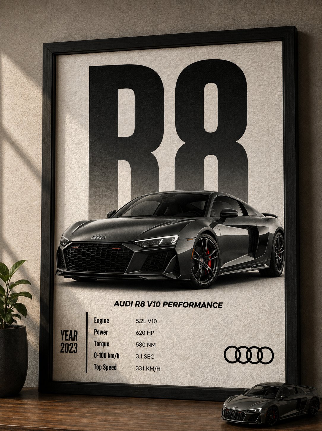 Audi R8 V10 Performance Canvas Poster – German Exotic Supercar Spec Wall Art, Year 2023 Edition