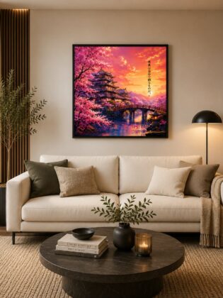 Japanese Pagoda Castle Wall Art – Cherry Blossom Sakura Sunset Canvas Print