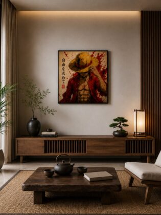 One Piece Luffy Anime Wall Art – Straw Hat Crimson Ink Canvas Print