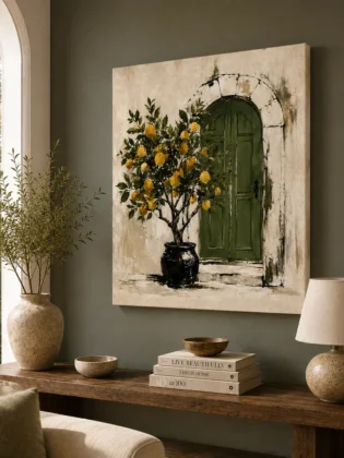 Mediterranean Courtyard Lemon Tree Canvas Art – Amalfi Olive & Yellow