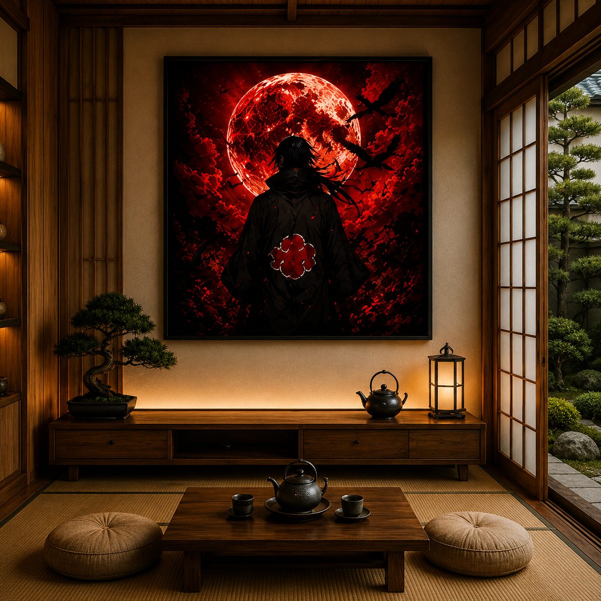 Itachi Uchiha Blood Moon Wall Art – Akatsuki Genjutsu Crow Canvas Print