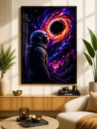 Astronaut at the Edge of the Void – Cosmic Black Hole Neon Space Wall Art Blockout Print